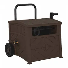 Hand-crank hose reel cabinet with a 12 in diameter reel, capable of storing up to 150 ft of 5/8 in I.D. hose (hose not included). Features two wheels for mobility and a Cyberspace finish. Overall dimensions: 26-1/2 in L x 20 in W x 18-1/4 in H. Suitable for garden and landscape hose management.
