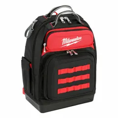 This MILWAUKEE tool backpack is constructed from red ballistic nylon with impact-resistant properties. It features 46 inside pockets for organized tool storage and transport. Typical applications include carrying tools to job sites for trades such as electrical, plumbing, and general contracting.