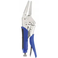 These 6-inch long-nose locking pliers feature a quick-release mechanism for convenient one-hand operation. With a 1 3/4-inch jaw length and a 2-inch maximum jaw opening, they are suited for gripping and clamping tasks requiring extended reach in confined spaces.