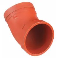 This 45° grooved pipe elbow is used to change flow direction in grooved piping systems. Made of ductile iron, it has a 4 in x 4 in fitting size and a maximum operating pressure of 300 psi at 150° F. Common in fire protection, HVAC, and industrial process lines