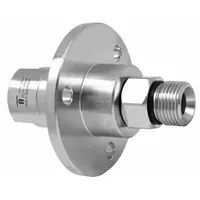 This MOSMATIC rotary union is a straight, single-passage joint made of nickel-plated C38500 brass for air service. It features a 3/8 in rotating shaft and a carbide seal, supporting speeds up to 2000 RPM. Typical applications include transferring air from a stationary supply to rotating parts in packaging, printing, and material handling equipment
