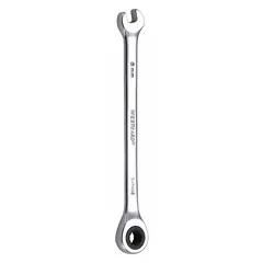 This metric 12-point ratcheting combination wrench is made from alloy steel with a chrome finish. It features a 6 mm head size and a 4 7/8 in overall length. The ratcheting box end enables faster fastener turning in confined spaces without repositioning the tool. Suitable for tightening or loosening 6 mm fasteners in automotive, machinery, and general assembly applications.