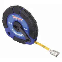 Closed-reel long tape measure with a 100 ft SAE steel blade, single-sided with 1/8 in graduations. Features a nonmagnetic single hook at the end and a plastic case with grip. Suitable for measuring long distances in construction, surveying, and industrial layout.