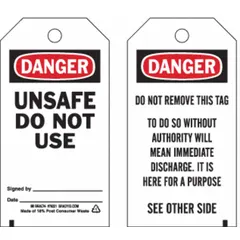 White tags with black/red danger and do-not-remove warnings, including sign-and-date fields. Each tag is secured with an integrated cable-tie fastener. Supplied 25 per pack. Used for temporary lockout/tagout to mark equipment that must not be operated.