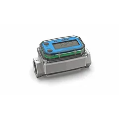 Inline turbine flowmeter with digital totalizer for water flow measurement. Features a PVDF rotor, 3/4 in FNPT connection, and 4-20 mA output. Accuracy +/-1.5% (body only). Measures in gallons. Suitable for industrial water treatment, process control, and fuel dispensing applications.