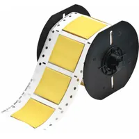 Precut sleeve label roll for wire and cable identification. Made of yellow matte polyolefin, each label measures 1 in x 2 in and fits 2 AWG wire gauge. Compatible with BBP33 printer series. Used in industrial control panels, electrical cabinets, and plant maintenance for permanent marking