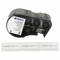 This combined label and ribbon cartridge produces black-on-white, matte labels with a width of 1/2 in and height of 1 21/32 in. Compatible with the M410 printer series, it is suited for cryogenic thermal transfer printing in industrial environments requiring durable identification and asset tracking.
