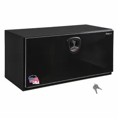 This single drop-down door box from BUYERS PRODUCTS is designed for underbody mounting on service trucks and utility vehicles. It features a keyed lock for security and a black finish. With a 24-inch overall depth, it provides lockable storage for tools and equipment, protecting them from weather and theft during transport.