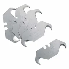 Steel replacement blades with a straight edge and hook tip. Each blade measures 1 29/32 in wide and 0.031 in thick. Suitable for scoring and cutting drywall, carpet, and roofing materials in construction and renovation applications.