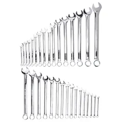 Chrome-finished alloy steel combination wrench set with 32 tools. Each wrench features a 15° head offset angle and offset design. Includes both SAE and Metric 12-point sizes. Stored in a canvas pouch. Used for tightening and loosening fasteners in automotive repair, industrial maintenance, and mechanical assembly.