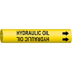 Yellow snap-on pipe marker with black legend text reading 'Hydraulic Oil' for identifying hydraulic oil lines. Fits pipe outer diameters from 3/4 to 1-3/8 inches. Includes directional arrows to indicate flow direction. Suitable for use in industrial piping systems to comply with identification standards.