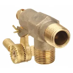 This brass angle float valve body is designed for horizontal piping and water media. It features male NPT connections on both sides, an adjustable arm, and a 1/4"-20 rod thread. Flow rate is 21 gpm at 35 psi. Supplied as valve body only, without float and rod.