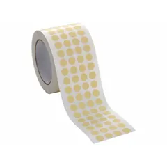 Off-white pre-cut masking discs with 13/16 in diameter, made from crepe paper backing with acrylic adhesive. Designed for paint surface protection during high-temperature painting processes. Suitable for applications requiring clean paint lines and heat resistance.