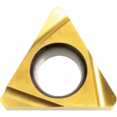 Triangle (T) indexable turning insert with PVD cermet grade. Used for finish turning and light profiling on steel, stainless steel, and cast iron. Provides wear resistance and smooth surface finish in lathe operations.