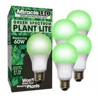 Green LED bulb for night shift and dark cycle applications. A19 form factor, 120V operation, 60W incandescent equivalency. Allows work or inspection in grow areas without disrupting plant dark cycles
