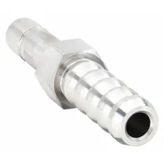 This stainless steel barbed fitting adapter has 1/4 inch ID barbed ends and a 1/4 inch pipe fitting size. It is used to connect 1/4 inch ID tubing to 1/4 inch pipe threads in pneumatic, hydraulic, and fluid-handling systems. The stainless steel construction resists corrosion, making it suitable for low-pressure applications requiring secure hose connections without clamps.
