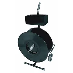 This light-duty strapping cart from MIP is designed for oscillated wound plastic strapping. It accommodates strapping widths from 1/2 inch minimum to 3/4 inch maximum. The cart facilitates efficient dispensing and handling of strapping material in packaging operations.