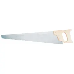 This crosscut saw features a 15-inch steel blade with 9 teeth, designed for cutting wood. The overall length is 18-1/2 inches. Suitable for crosscutting lumber and timber in carpentry, framing, and general construction tasks.