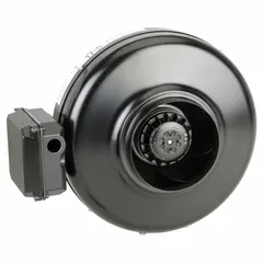 This inline duct fan is designed for general ventilation in HVAC systems, suitable for exhaust, supply, or boost applications in ductwork. It features a single-speed, standard-efficiency motor with 390 cfm maximum airflow, operates at 120V AC, 130 W, and includes a mounting bracket. The galvanized steel construction and IP44 rating provide protection against splashing water and dust.