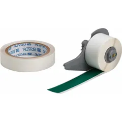 Green gloss polyester floor marking tape with rubber adhesive, 1 inch wide by 50 feet long. Designed for use with the BMP71 printer and M7-R4400-WT ribbon. Suitable for creating aisle markings, hazard zones, and safety cues in industrial environments.