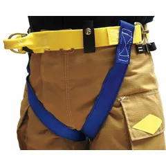 This GEMTOR NFPA Class II harness is constructed with yellow nylon webbing and steel hardware, featuring pass-through leg strap buckles. It has no back, front, or side D-rings. The waist adjusts from 36 to 50 inches. Complies with NFPA 1893 standards for use in fall arrest and rescue applications.