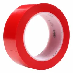 Solid red vinyl floor marking tape, 1 1/2 in wide by 108 ft long, 5.2 mil thickness. No message legend. Used for marking aisles, hazard areas, and storage zones in industrial facilities.