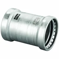This stainless steel press fitting is a coupling with press-fit connections on both ends, sized for 4-inch pipe. It incorporates an FKM seal for fluid containment. Typical applications include joining pipe sections in commercial plumbing, HVAC, and industrial process piping systems