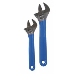 This adjustable wrench set includes wrenches with jaw capacities from 1/2 in to 3/4 in, featuring a chrome finish and cushion grip handles. Suitable for tightening or loosening nuts, bolts, and fittings in general maintenance, plumbing, and mechanical work.