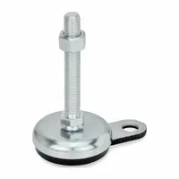 Round base leveling mount with 3/8"-16 male stud and 11/16 in hex. Includes Buna-N rubber thrust pad for non-skid performance and vibration dampening. Load capacity 2,248 lbf. Used for leveling and stabilizing machinery, conveyors, and workstations