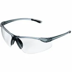 Half-frame safety glasses with clear, hard-coated, vented lenses and a smoke-colored frame. The padded comfort-fit design enhances wearability during extended use. Suitable for eye protection against impact, dust, and debris in industrial environments such as machining, material handling, and general plant operations.