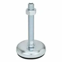 This non-skid male leveling mount features a round base with a 5/8"-11 thread size, a load capacity of 2,473 lbf, and a Buna-N thrust pad. It includes a nut and is used for leveling and stabilizing machinery, conveyors, and heavy equipment while reducing vibration and preventing skidding