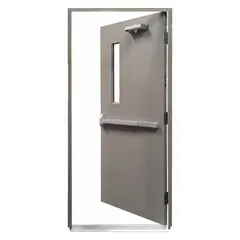 Steel security door with steel frame, 90-minute fire rating, 84-inch door opening height, left-hand reverse orientation, locking trim, and rectangular window. Suitable for industrial facilities requiring secure access and fire protection.