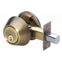 Standard cylindrical deadbolt lock for doors up to 1 3/8 inches thick. Bright brass finish with clear coating. SC1 keyway. Not ADA compliant or ligature-resistant. Suitable for interior or exterior doors in commercial and industrial settings