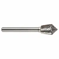 Cone/inverted cone combi bur for deburring, shaping, and finishing metals, plastics, and composites. Head size 1/2" x 3/4", shank 1/4". Suitable for accessing tight angles and undercuts in industrial machining and fabrication