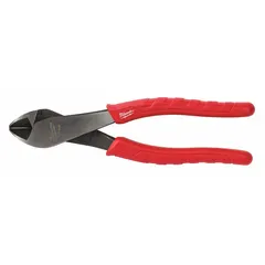 Angled diagonal-cutting pliers with an 8 in overall length, 1 in jaw length, and 3/8 in jaw width. Designed for cutting hard wire in applications such as electrical work, industrial maintenance, and general fabrication.
