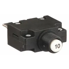 This front panel-mount miniature circuit breaker is rated 10 A at 125/250V AC or 32V DC. It features a push button reset, 1/4 in tab terminals, and an 11mm collar mounting with a depth of 1.78 in. Typical applications include overcurrent protection in control panels, HVAC equipment, and power distribution systems.
