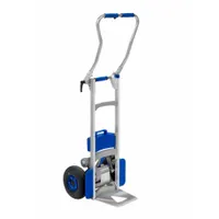 This corrosion-resistant electric stair-climbing hand truck features a folding aluminum frame with a rounded back and pneumatic tires. It is powered by an Absorbent Glass Mat (AGM) battery with a 4-hour charge time, suitable for moving loads up to 300 lb on stairs in industrial, warehouse, and delivery settings