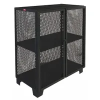 This JAMCO ventilated shelf cabinet features a black finish, legs base, and two fixed shelves. It includes a swing handle and padlock hasp for lockable security. The ventilated body panels allow airflow, suitable for storing tools, parts, and equipment in industrial settings such as factories, warehouses, and workshops. Fully assembled