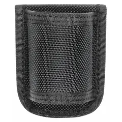 This duty equipment pouch is constructed from black ballistic nylon and measures 3 inches by 2.5 inches. It features an open closure for quick access and is designed to be worn on a belt or vest. Typical applications include carrying a standard-sized flashlight for security, law enforcement, or industrial use.