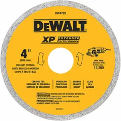 4-inch diameter diamond saw blade with continuous rim for wet or dry cutting. Arbor size adapts from 5/8 to 7/8 inch. Suitable for cutting tile on masonry saws in construction and renovation applications.