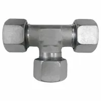 This flareless bite-type stainless steel compression tee fitting from the Volz series features three M22x1.5 thread ports. It is used to create leak-proof branch connections in hydraulic and pneumatic systems, supporting reliable fluid handling in industrial applications