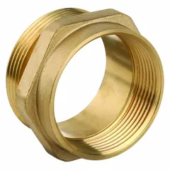 This brass rigid adapter connects NPT threaded pipes to NH fire hose threads in a straight configuration. It features a hex cast body and is used in fire protection systems, standpipes, and hydrant hookups where a reliable transition between pipe and hose threads is required.