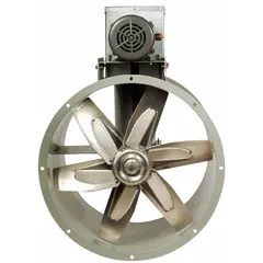 This belt-drive fan is designed for moving flammable vapors in hazardous locations classified as Class I Group C and D. It features a 16-inch blade delivering 2379 cfm at 0.000 in SP, with spark-resistant construction type B and a totally enclosed nonventilated motor. The unassembled unit operates on 230/460V AC, 3-phase power and includes a drive package for horizontal mounting.