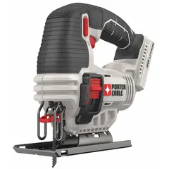 Brushed, cordless jigsaw with top-handle design. Accepts T-Shank blades and features orbital stroke action with a maximum stroke rate of 2,500 strokes per minute. Suitable for cutting curves and shapes in wood, metal, and plastic in workshop or job-site applications.