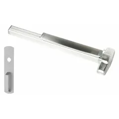 Mortise exit device with touchbar style for doors up to 3 ft wide. Chrome finish. Includes night latch outside trim for secure re-entry. ADA compliant. Suitable for commercial buildings requiring safe egress.
