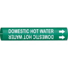 Green pipe marker with white legend reading 'Domestic Hot Water' and directional arrows. Fits pipe outer diameters of 4 to 6 inches. Supplied as a single marker for snap-on installation. Used to identify hot water supply lines in building services and process piping.