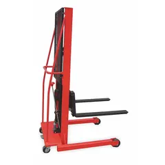This straddle stacker has a 1000 lb capacity with 30 in long by 3 in wide adjustable forks. The width across forks adjusts from 6 in to 24-3/8 in. Overall dimensions are 47 in L x 32 in W x 72 in H. Used for lifting and moving palletized loads in warehouses and distribution centers.