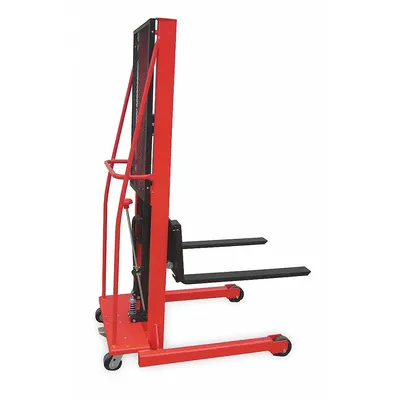Dayton Stacker: 1,000 lb, 30 in L x 3 in W Fork, 47 in L x 32 in W x 72 in H Overall Dim - Straddle Stackers