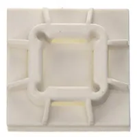 This adhesive mount cable tie base secures miniature and intermediate cable ties to flat surfaces. It measures 0.75 in length, 0.75 in width, and 0.2 in height, with a slot width of 0.2 in and slot height of 0.06 in. The white base is sold in a pack of 100 and is used for organizing cables in electrical panels, data centers, and industrial wiring applications