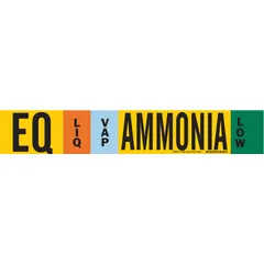 Ammonia pipe marker for liquid/vapor phase at low IIAR pressure level. Fits pipe outer diameter 8 inches and larger. Includes arrows and IIAR system abbreviation EQ. Supplied with strapping for mounting.